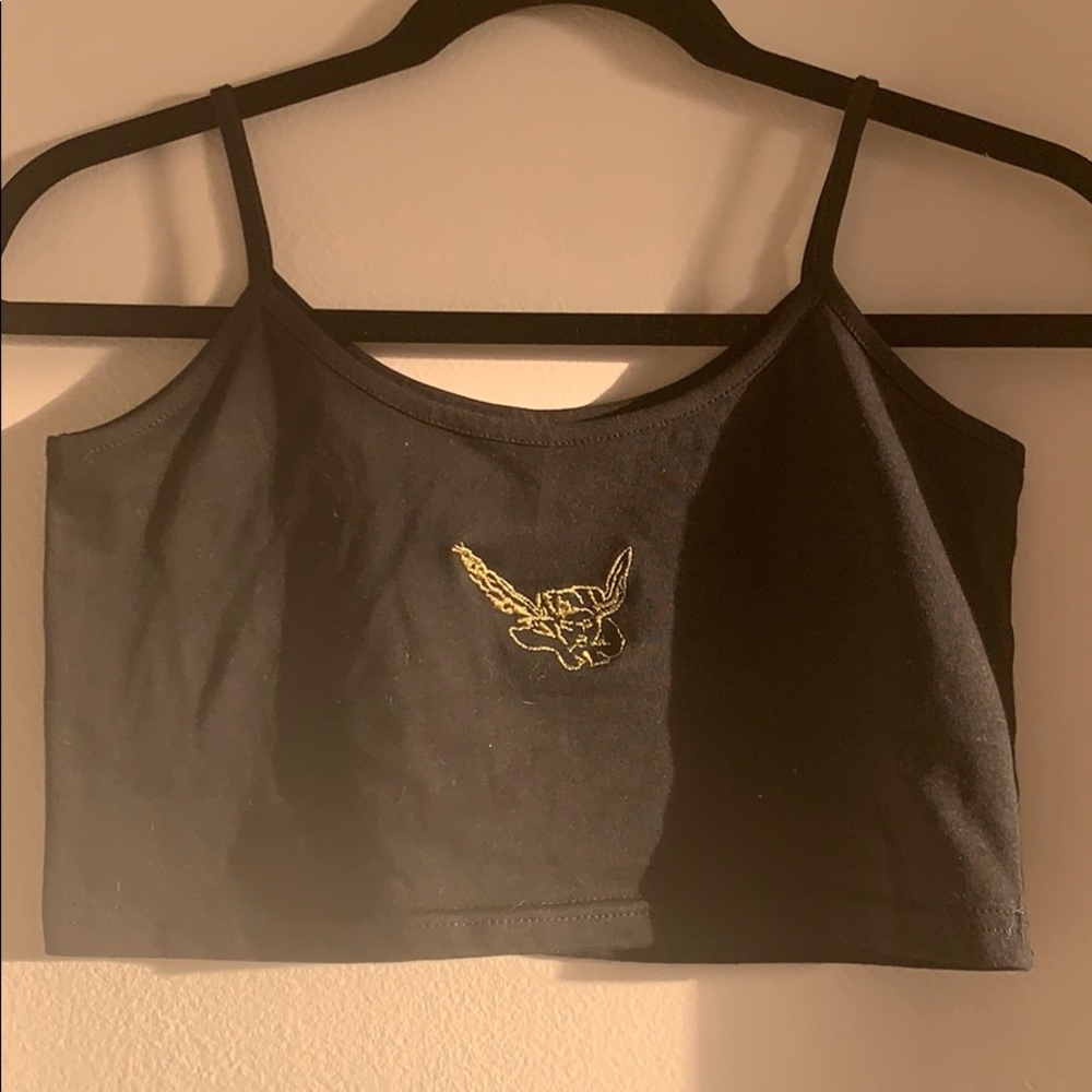 Black crop top tank top w/ gold angel embroidered